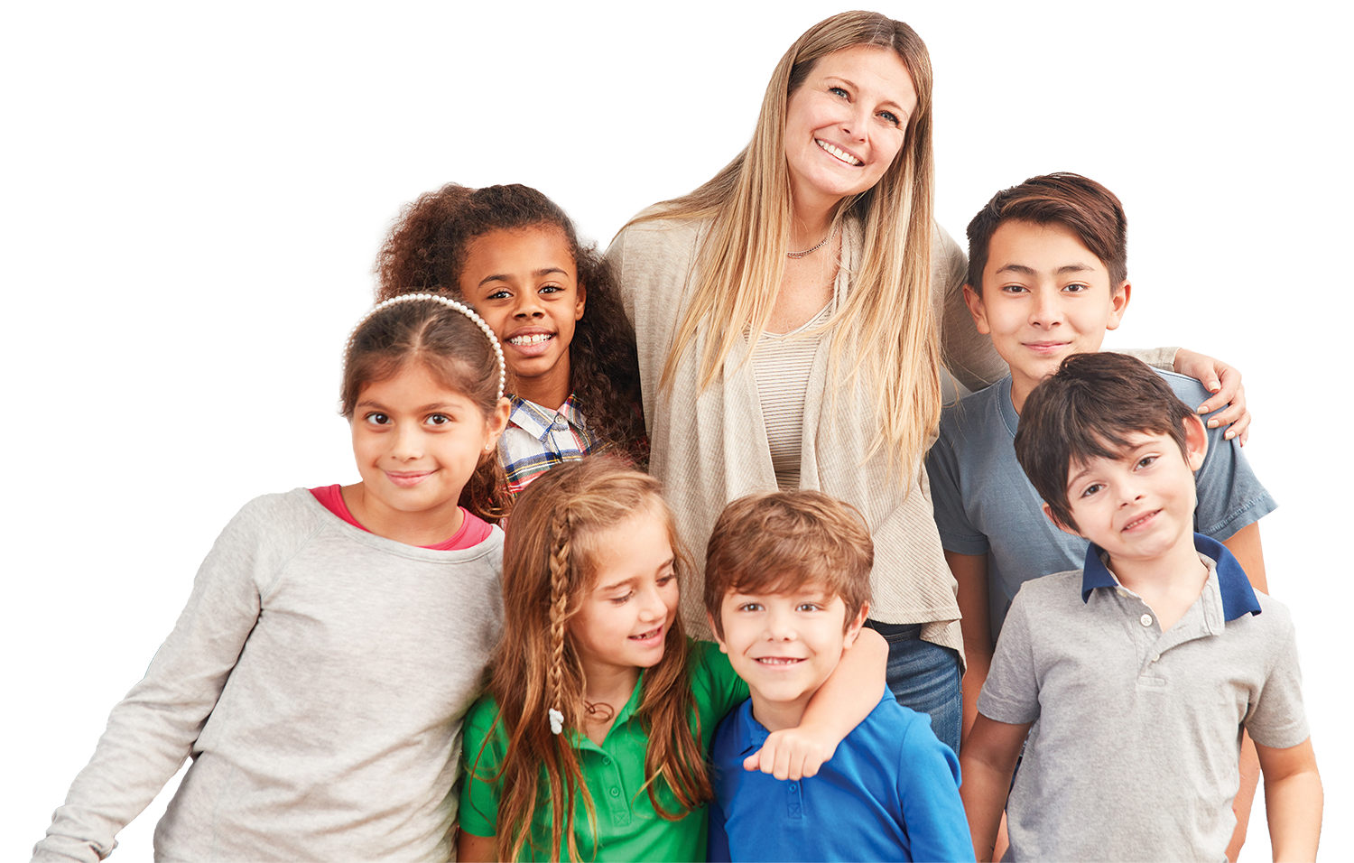Photo of teacher with a group of happy students.
