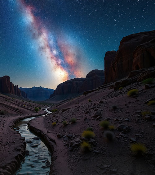 A desert canyon beneath the Milky Way