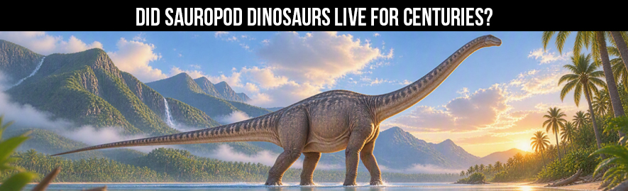 Illustration of a long-necked sauropod dinosaur walking through shallow water at sunset, with mountains, waterfalls, and palm trees in the background, beneath the text “Did Sauropod Dinosaurs Live for Centuries?